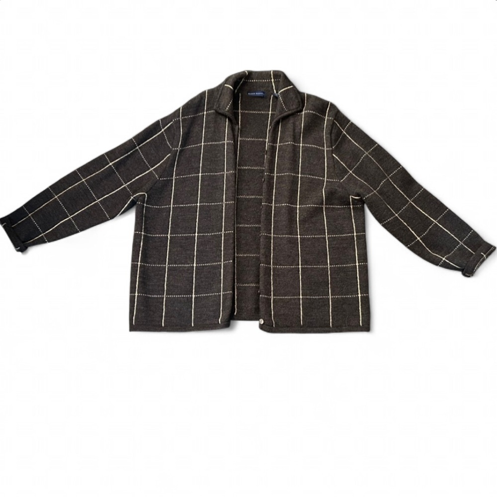 Karen Scott II 100% Wool Windowpane Cardigan Sweater 2X Grey Quiet Luxury Cozy